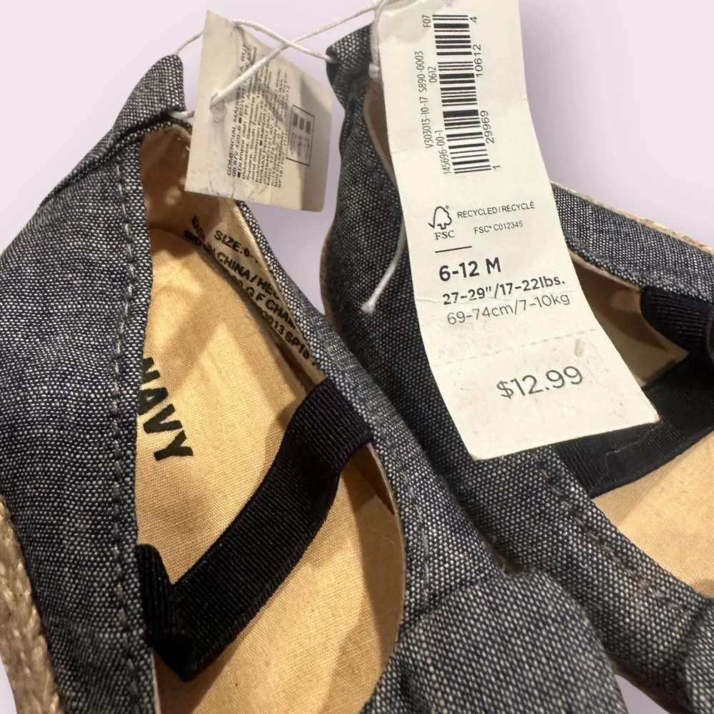 NWT Baby Old Navy Charcoal Denim Shoes with Bow 6-12 Mon